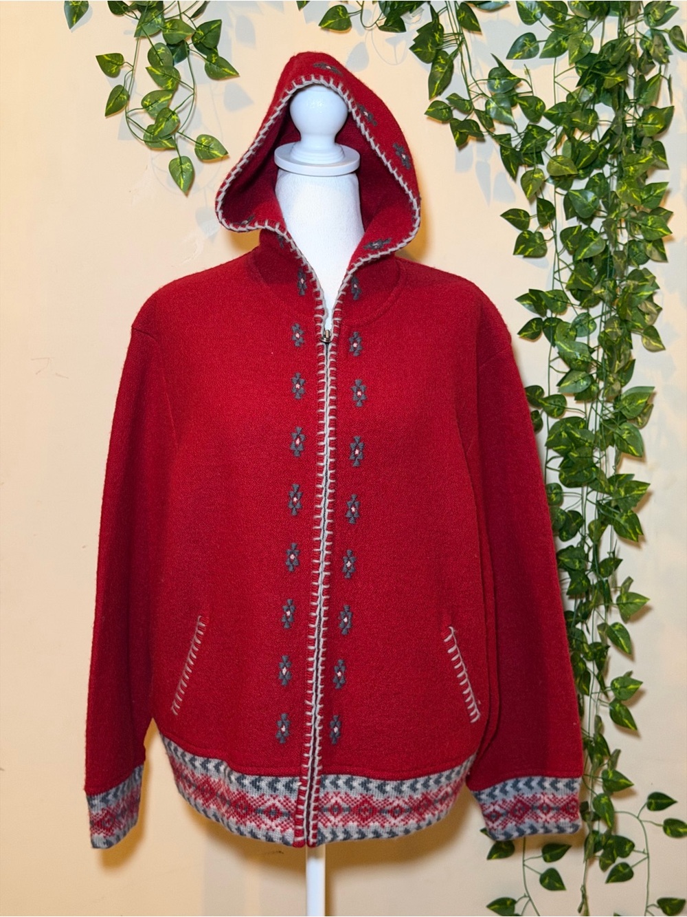 VINTAGE Woolrich Red Hooded Knit Cardigan with Nordic Trim